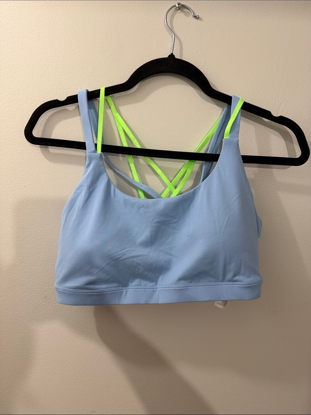 Fabletics Light Blue Sports Bra with Neon Green Strappy Back